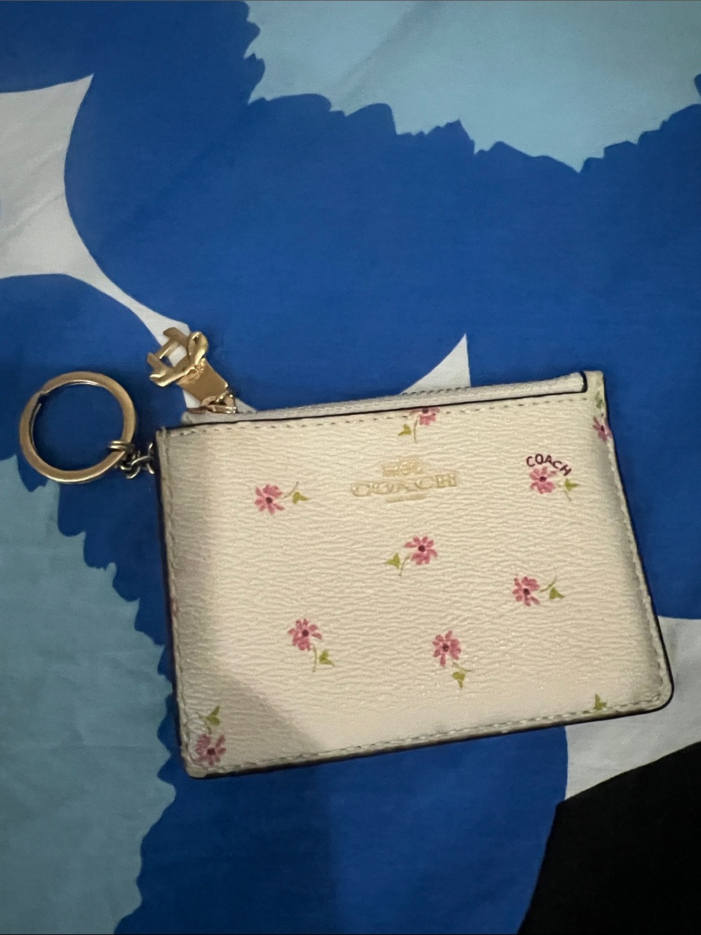 COACH Cream Floral Leather Key & Card Holder with Gold Hardware